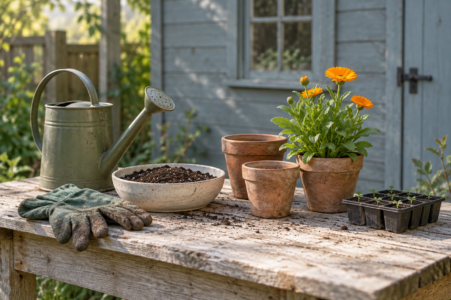 An illustrative potting bench with calendula, seedlings, terracotta pots, potting mix and a watering can
